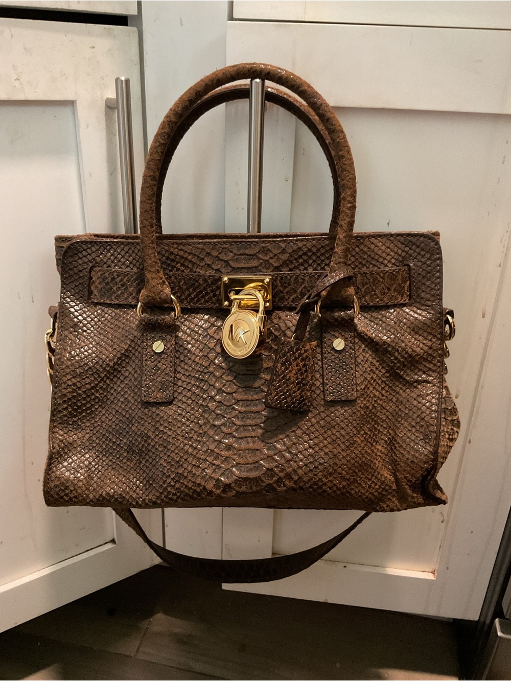 Michael Kors Special Edition Hamilton Brown Python Leather Satchel Purse Handbag